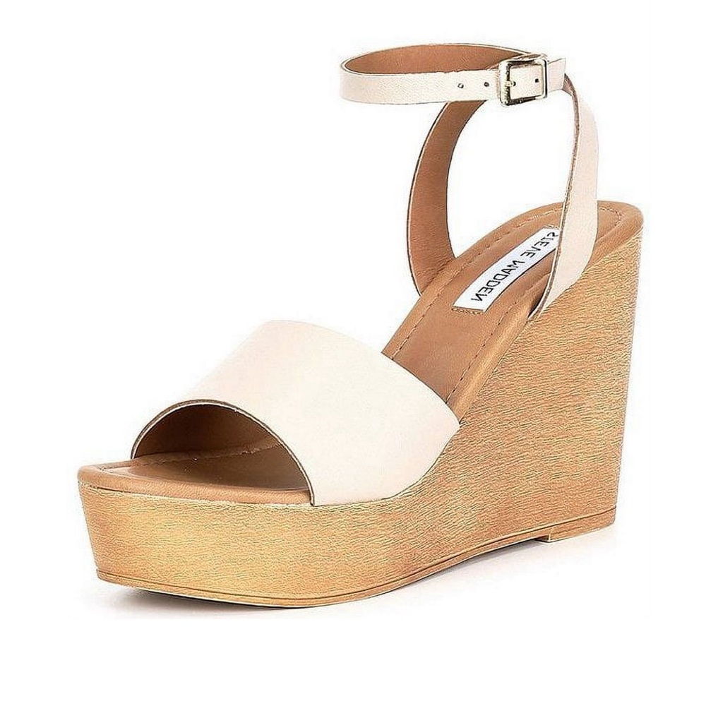 Steve Madden Cream Leather Ankle-Strap Wedge Sandal